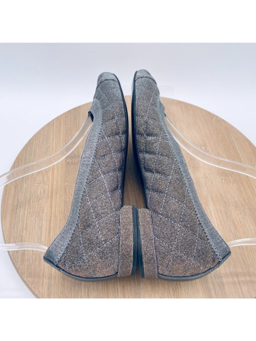 Stuart Weitzman Shoes Womens 7 Gray Leather Quilted Ballet Flats Cap Glitter - Picture 9 of 11